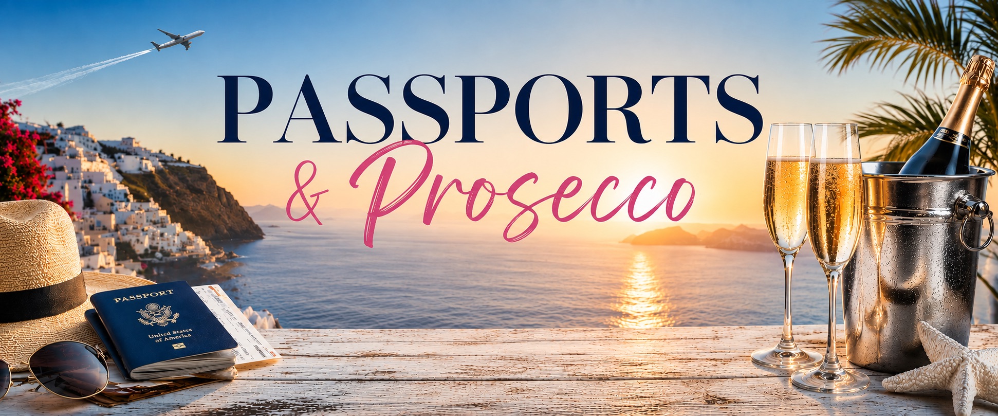 Passports & Prosecco: a coastal sunset over the sea with a U.S. passport, sun hat, sunglasses, and two glasses of prosecco on a table.